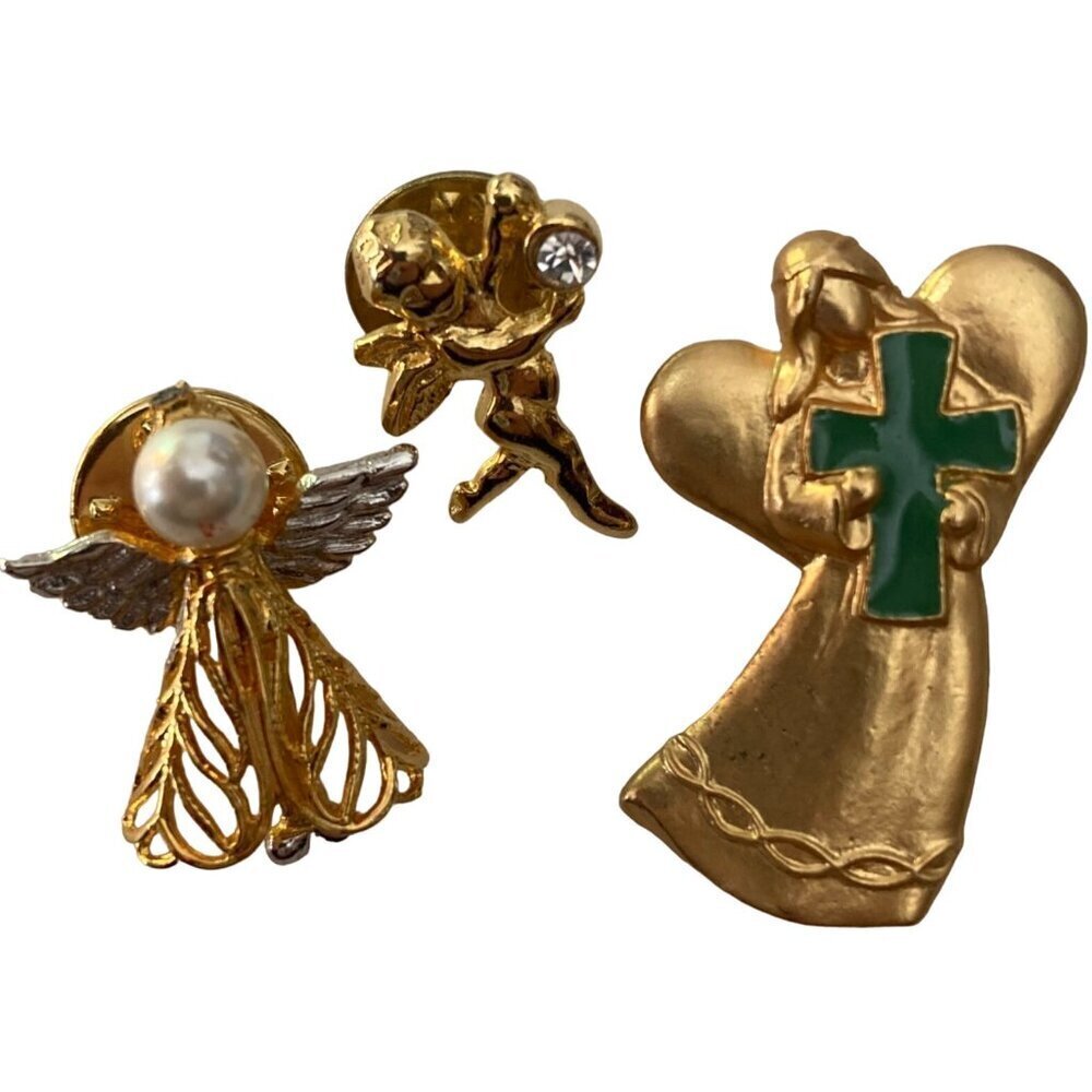 3 Angel Cherub Brooch Lapel Pins Tie Tacks Gold Tone Faux Pearl Rhinestone